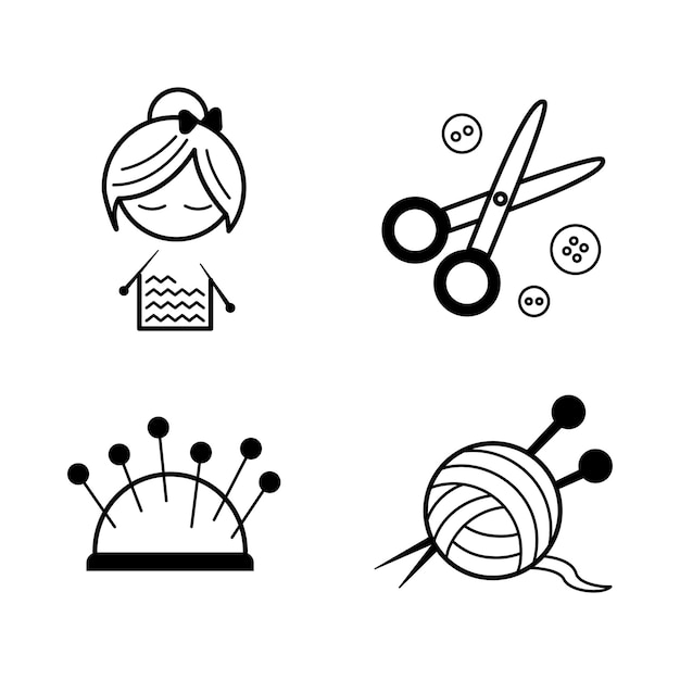 Set of simple stylish black line icons for needlework