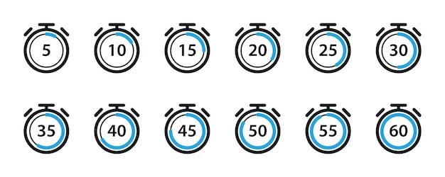 Set of simple timers. Template digital clock, timer symbols. Stopwatch icons set in flat style. Countdown