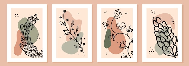 Set of simple vector art posters in white frame Doodle line art twigs with leaves flower buds and petals Abstract minimalistic shapes for design