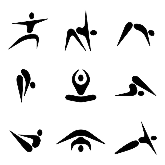 Set of simple vector black icons and logos with yoga poses in the style of oriental hieroglyphs