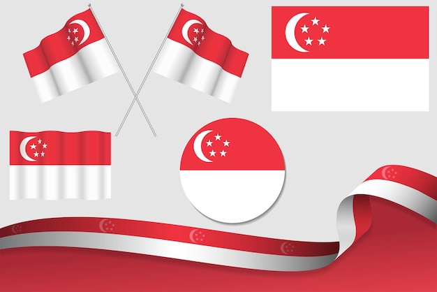 Set Of Singapore Flags In Different Designs Icon Flaying Flags With ribbon With Background