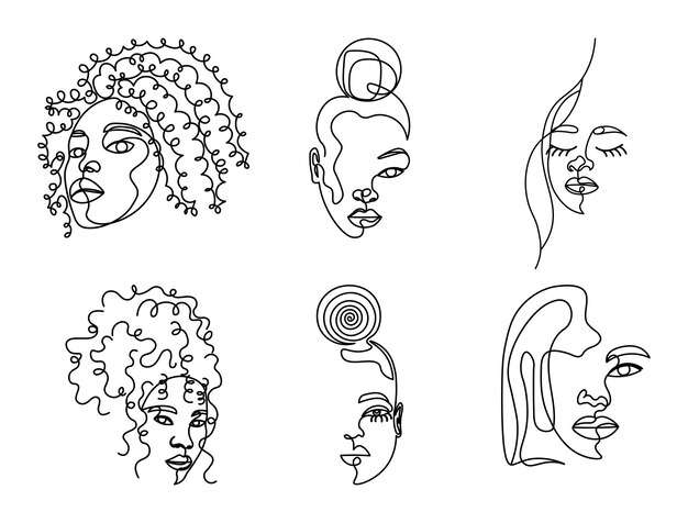 Vector set of single line women faces