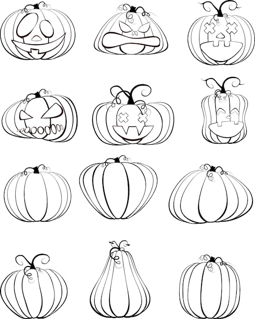 Set of six black outline pumpkins isolated on white background A symbol of the holiday of Halloween