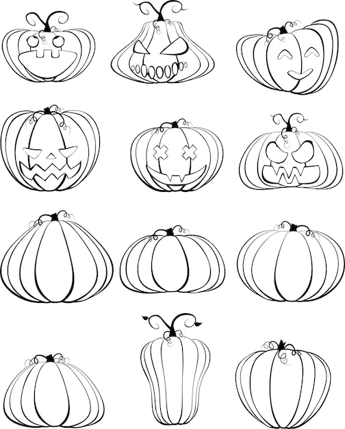 Set of six black outline pumpkins isolated on white background A symbol of the holiday of Halloween