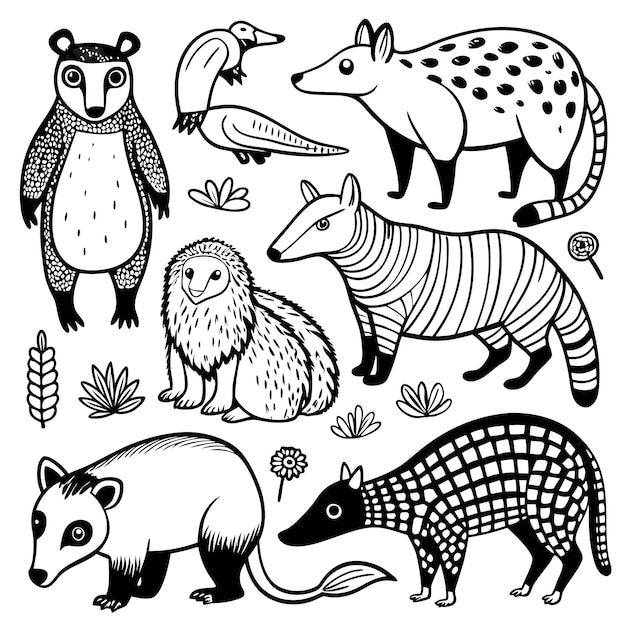 Vector a set of six black and white line drawings of animals including a bear a duck a civet a sloth a opossum and an armadillo