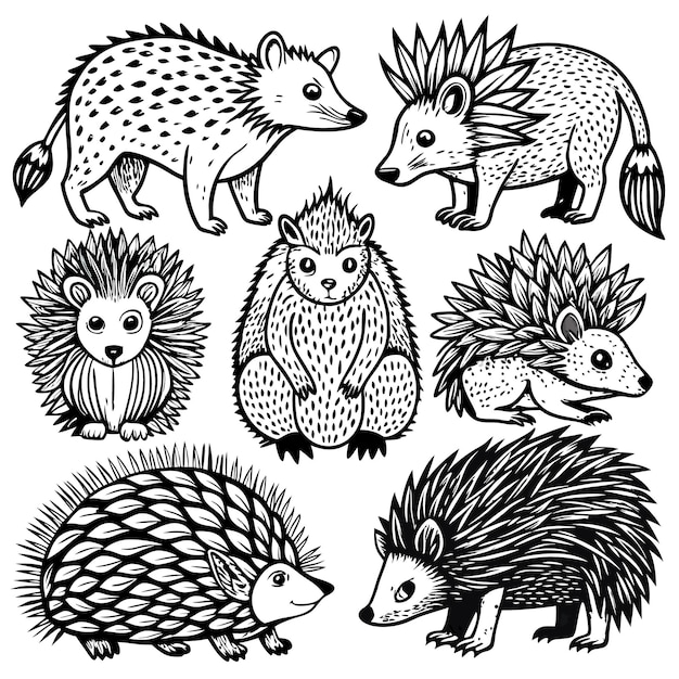 Vector a set of six black and white line drawings of hedgehogs in various poses