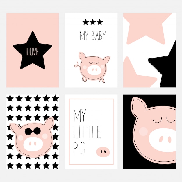 A set of six cards with a cute pig