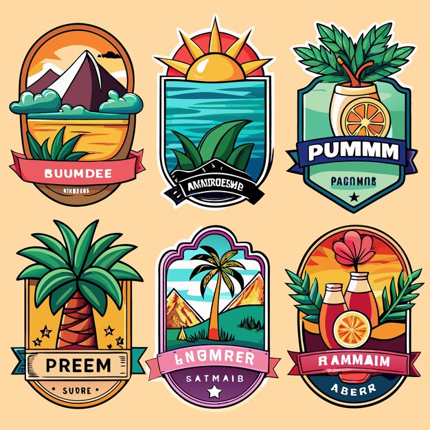 Vector set of six colorful badges with summer themed illustrations and typography