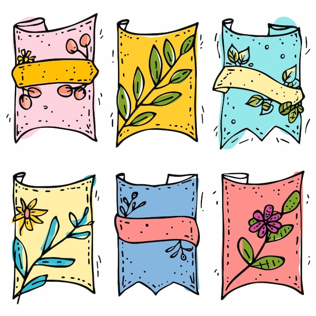 Set six colorful drawn banners floral patterns doodle hand drawn style isolated white background