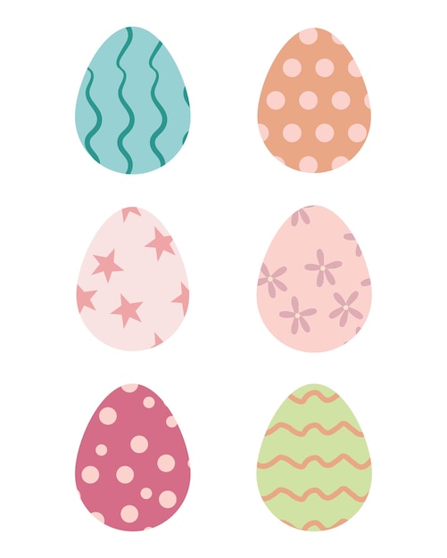 Set of six colorful Easter eggs in flat minimalistic style Vector illustration