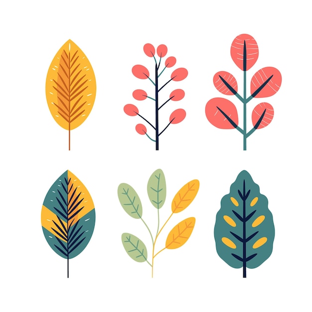 Set six colorful flat design foliage leaf illustrations Various stylish leaves vivid colors ideal