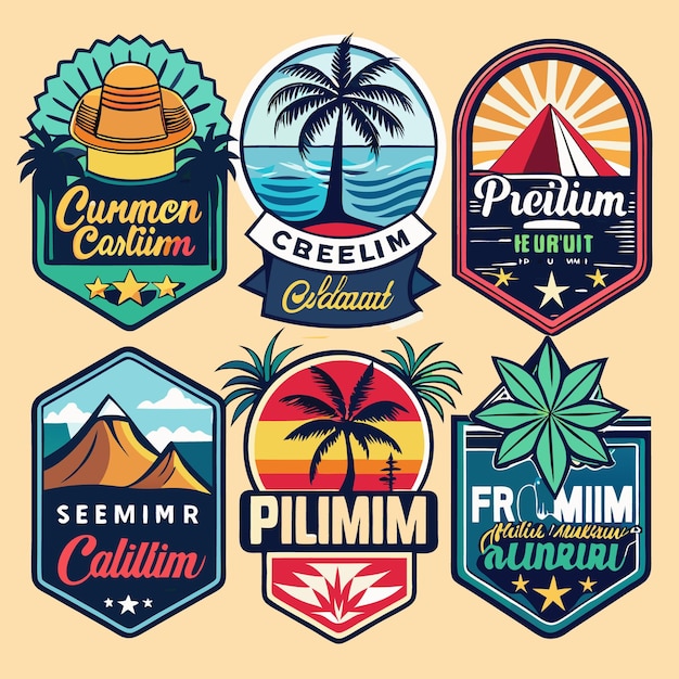 Set of six colorful travel logo badges with mountain palm tree hat and sunset