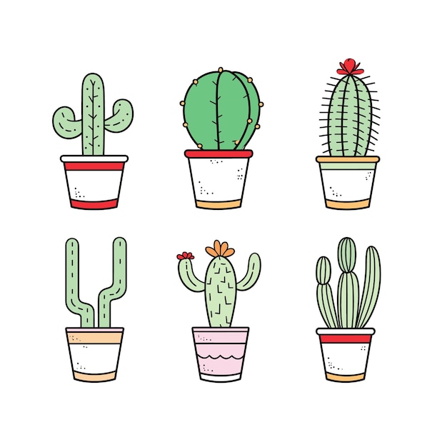 Set six cute cacti colorful pots different styles Handdrawn cactus collection indoor plants