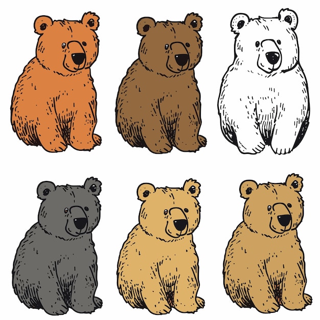 Set six cute cartoon bears colorful illustration different shades handdrawn style various