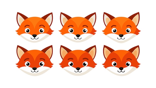 Vector set of six cute fox faces with different expressions cartoon style