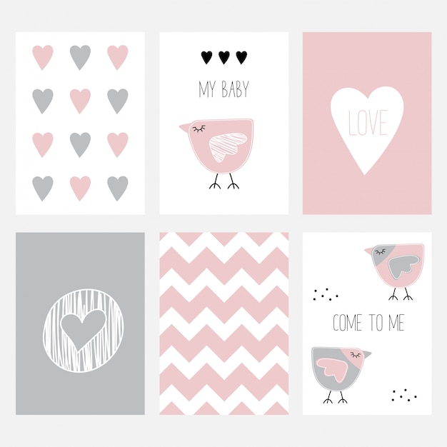 The set of six cute postcards with a birdie.