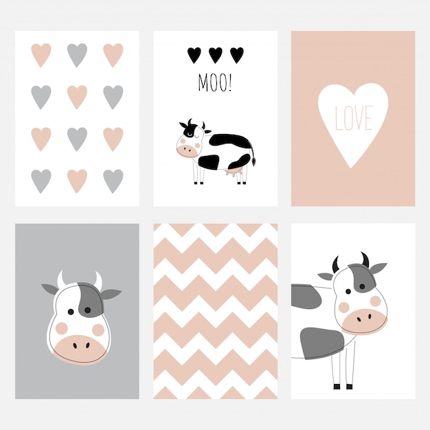 The set of six cute postcards with a cow.