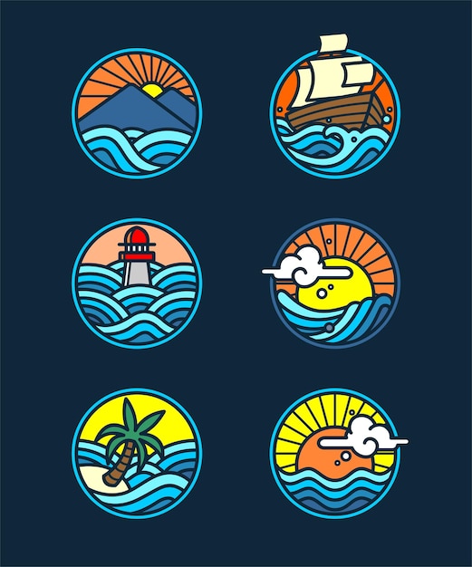 Set of six different sea related illustrations on dark blue background