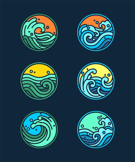 Set of six different sea and waves related illustrations on dark blue background