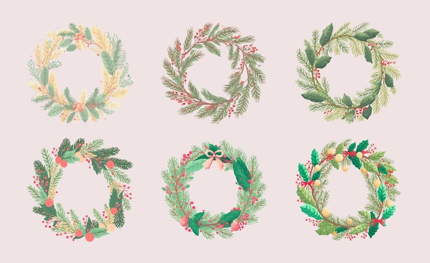 Vector set of six flat design christmas wreath. hand drawn watercolor