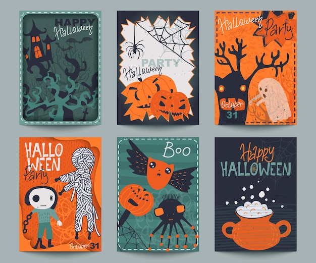 Set of six Halloween posters or greeting card with cute holiday simbols