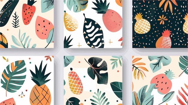 Set of Six Hand Drawn Seamless Patterns with Pineapple Elements