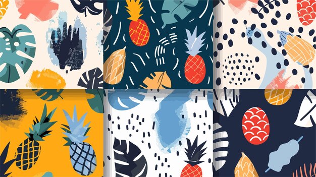 Set of Six Hand Drawn Seamless Patterns with Pineapple Elements