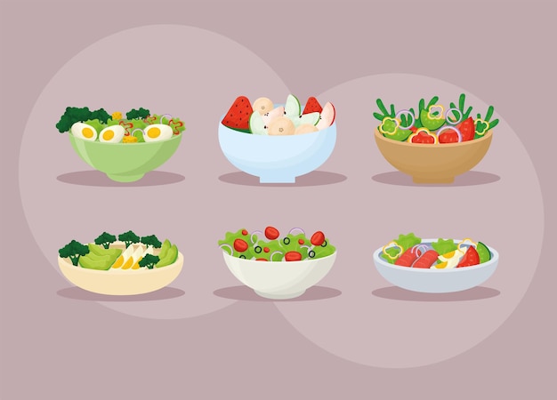 set of six healthy salads