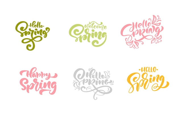 Set of six hello Spring Pastel Calligraphy lettering phrases Vector Hand Drawn Isolated text Sketch