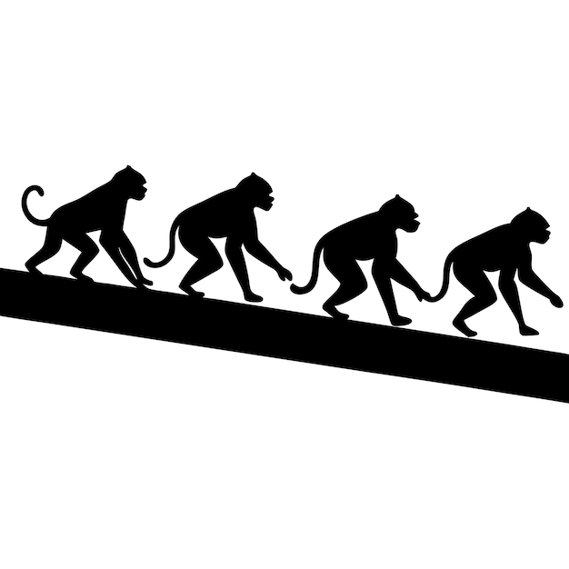 Vector set of six monkey silhouettes walking together in a row