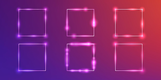 Set of six neon square frames with shining effects and sparkles on purple background Empty glowing techno backdrop Vector illustration