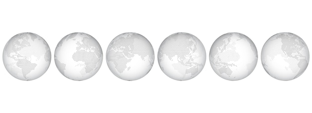 Set of six options for different locations of the globe, constructed from little hexagons. Isolated. Planet earth, abstract round map. Transparent sphere.