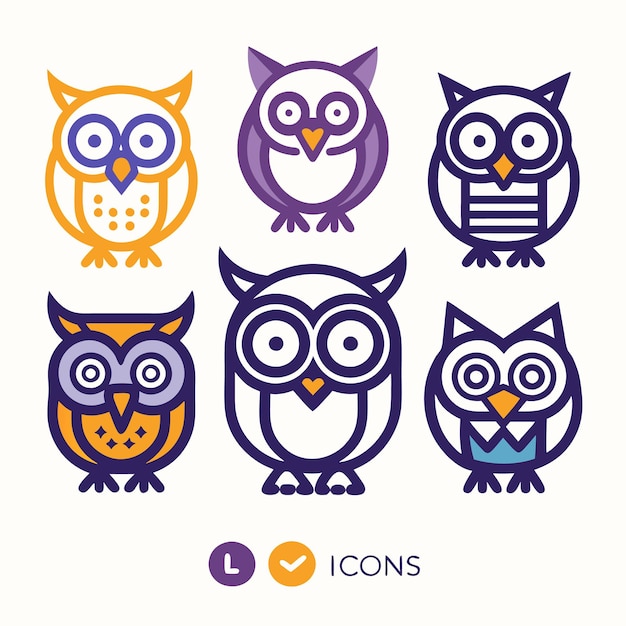 Set of six owl icons with line style