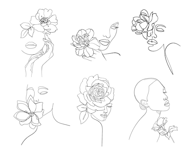 Set of six portrait, face with flower. Simple, minimalist vector illustration of beautiful woman. Line drawing