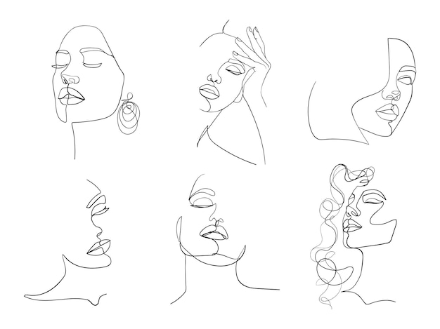 Set of six portrait. Simple, minimalist vector illustration of beautiful woman face. Line drawing.