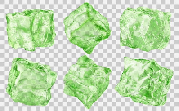 Set of six realistic translucent ice cubes in green color isolated on transparent background. Transparency only in vector format