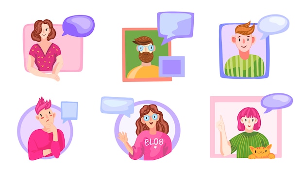 set of six smiling young people with speech bubbles.