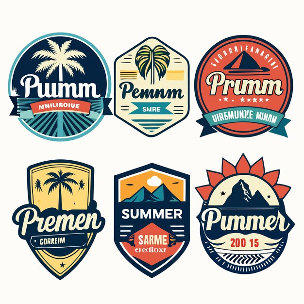 Vector set of six summer vintage logos with different illustrations a palm tree a pyramid a mountain a mountain with a sun