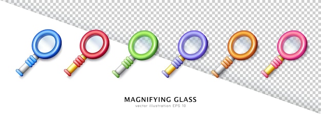 Set of six vector isometric 3d colorful magnifying glasses. Realistic toy of glossy magnifiers