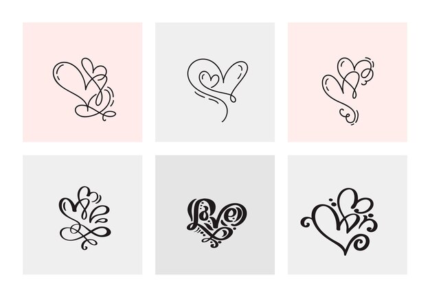 Set of six vintage Vector Valentines Day Hand Drawn Calligraphic Hearts Calligraphy lettering