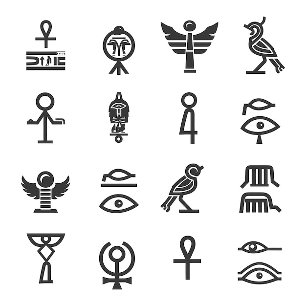 Vector a set of sixteen egyptian hieroglyph and symbol icons