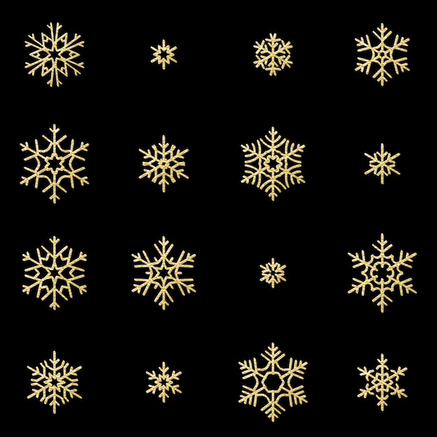 Set of sixteen shine relief golden snowflakes isolated on black background.