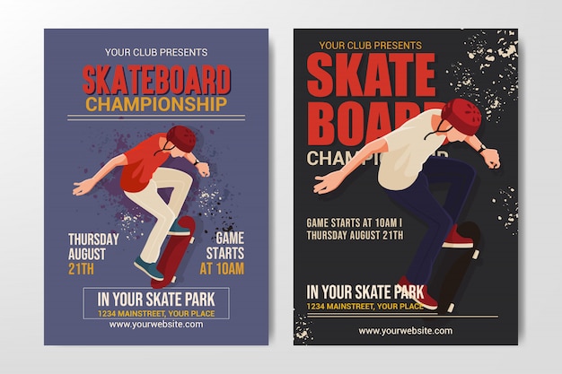 Set of skateboard championship poster, simple retro  