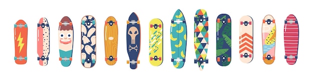 Set of Skateboards Bottom View with Wheels Isolated on White Background Urban Culture Elements with Colorful Prints Items for Teenagers Recreation and Street Activity Cartoon Vector Illustration