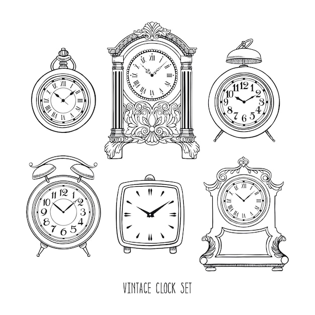 Set of sketch beautiful vintage clock. hand-drawn illustration