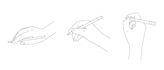 Set of sketch line illustrations of hand holding pen and writing or drawing in three different