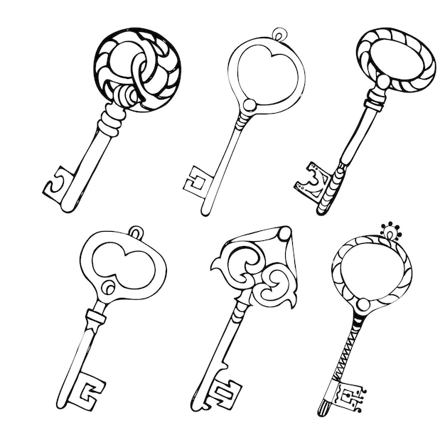 Set of sketch old vintage handmade door keys isolated on white background