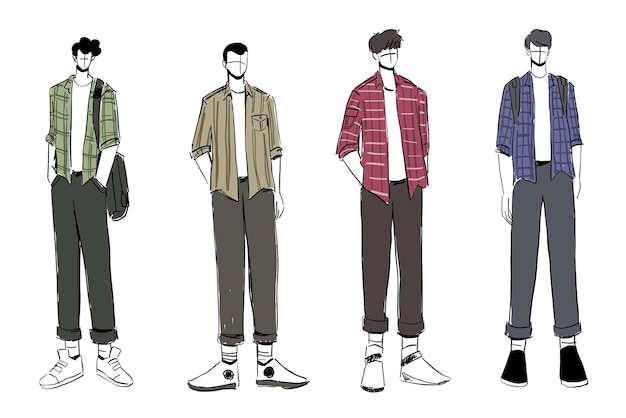 Set of Sketches of beautiful and diverse male fashion outfits