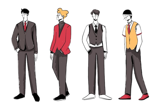 Set of Sketches of beautiful and diverse man fashion outfits