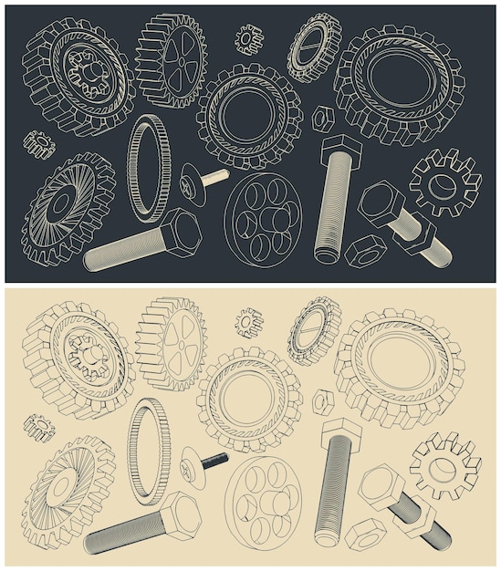 Set of sketches of various gears